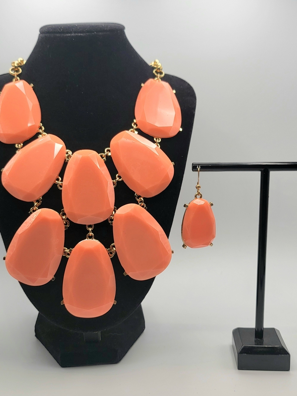 Coral Orange Faceted Statement Bib Necklace & Matching Dangle Earrings Set